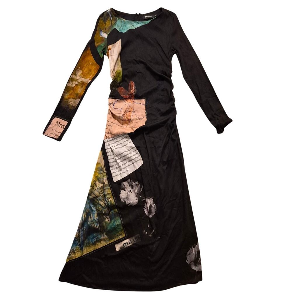 Desigual Patchwork Print Ruched Midi Dress With Graphic Long Sleeves - Picture 4 of 11